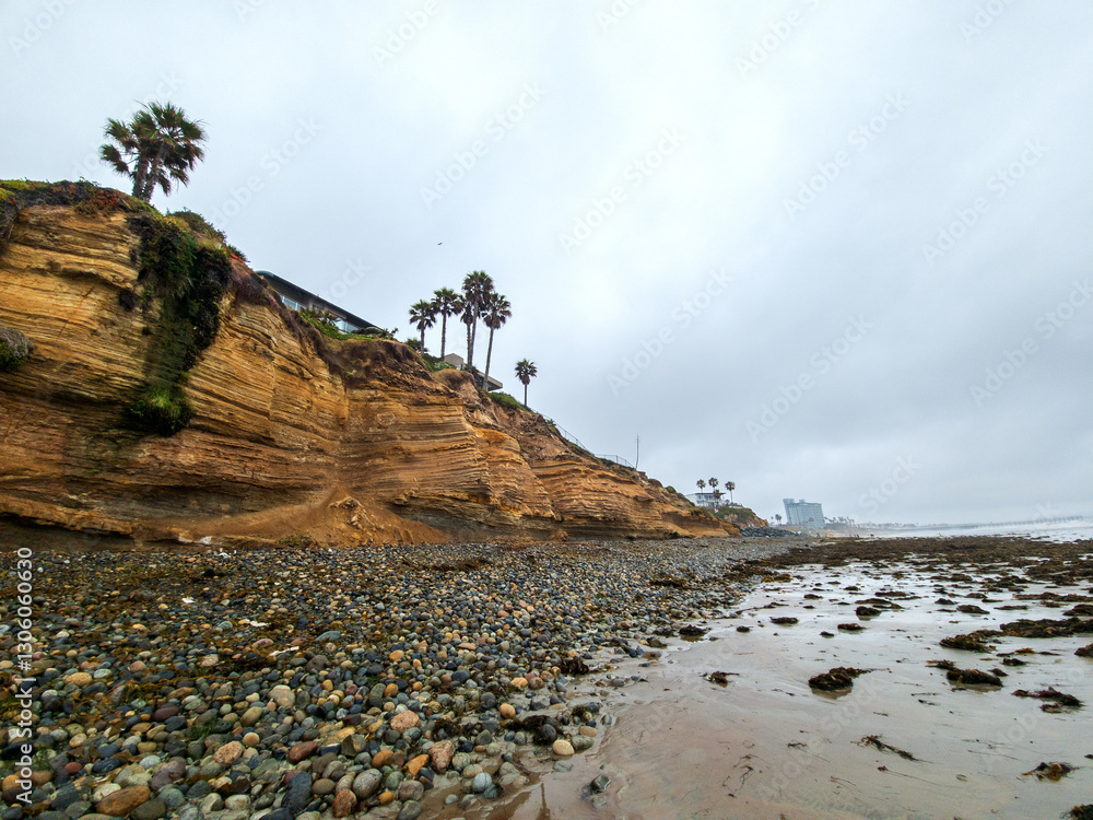 Φωτογραφία Sea weeds and polished rocks all over wet sand in tidal basin of Tourmaline or O
