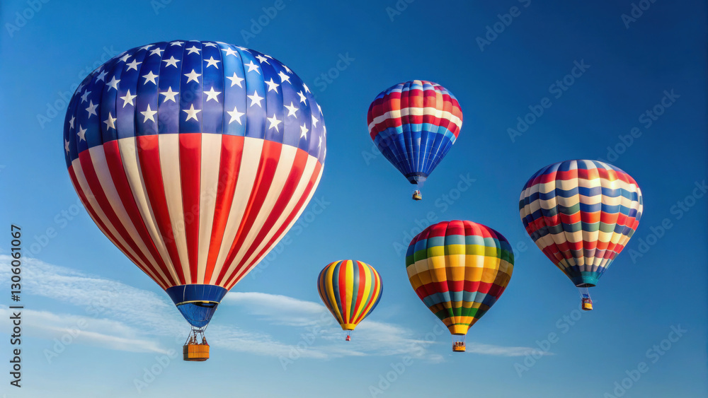Obraz premium 4th of July Party. Colorful hot air balloons floating against a clear blue sky.
