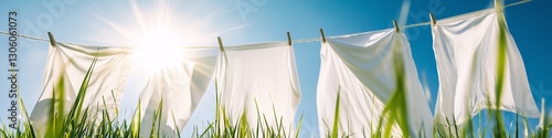 Freshly washed white sheets drying on a clothesline under a bright blue sky. A symbol of cleanliness, freshness, and eco-friendly laundry. Perfect for backgrounds, advertising, and household themes