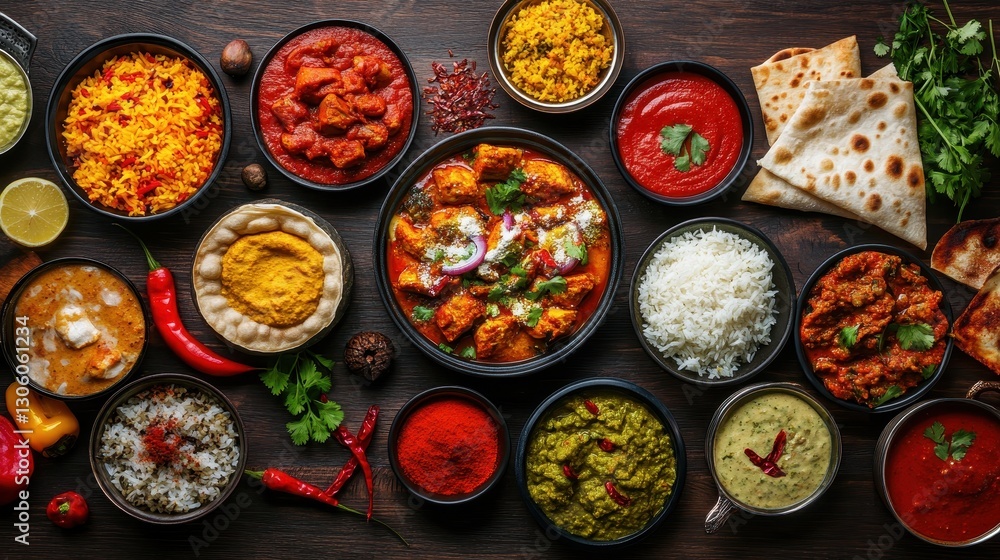 Colorful Indian Cuisine Spread with Rice, Bread, and Various Curries Colorful Indian Cuisine Spread with Rice, Bread, and Various Curries