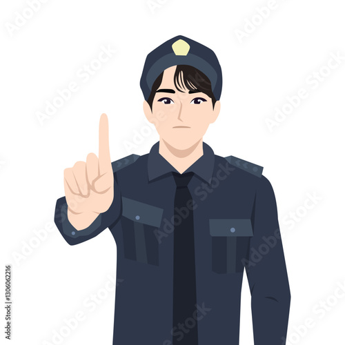 Police officer in a dark uniform and cap raises his index finger. Warning an important point. Flat vector Character Illustration
