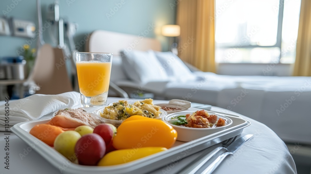 Fresh Breakfast Tray with Juices in a Modern Hospital Room Setting Fresh Breakfast Tray with Juices in a Modern Hospital Room Setting