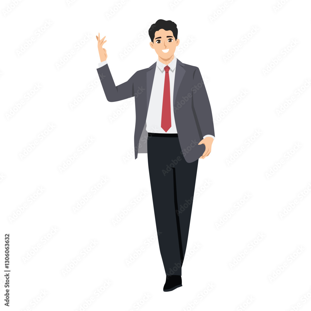 Happy businessman dressed in a suit, smiling and gesturing as if in mid dance or greeting. Flat vector Character Illustration Happy businessman dressed in a suit, smiling and gesturing as if in mid dance or greeting. Flat vector Character Illustration