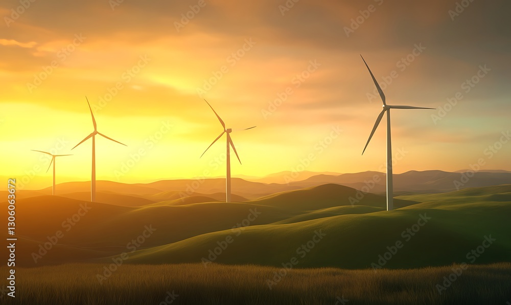 Fototapeta premium Wind turbines spin on lush green hills, showcasing renewable energy in a vibrant landscape.