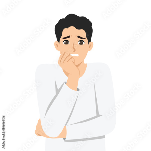 Man anxious and nervous, biting his nails and crossing his arms, depicting worry and uncertainty. Flat vector Character Illustration