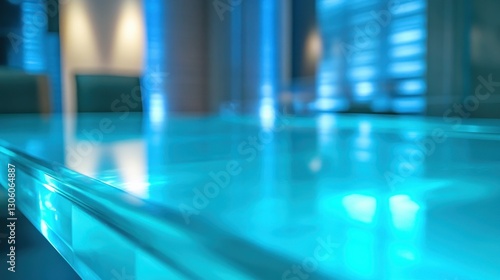 Modern Conference Table with Blue Lighting and Blurred Background