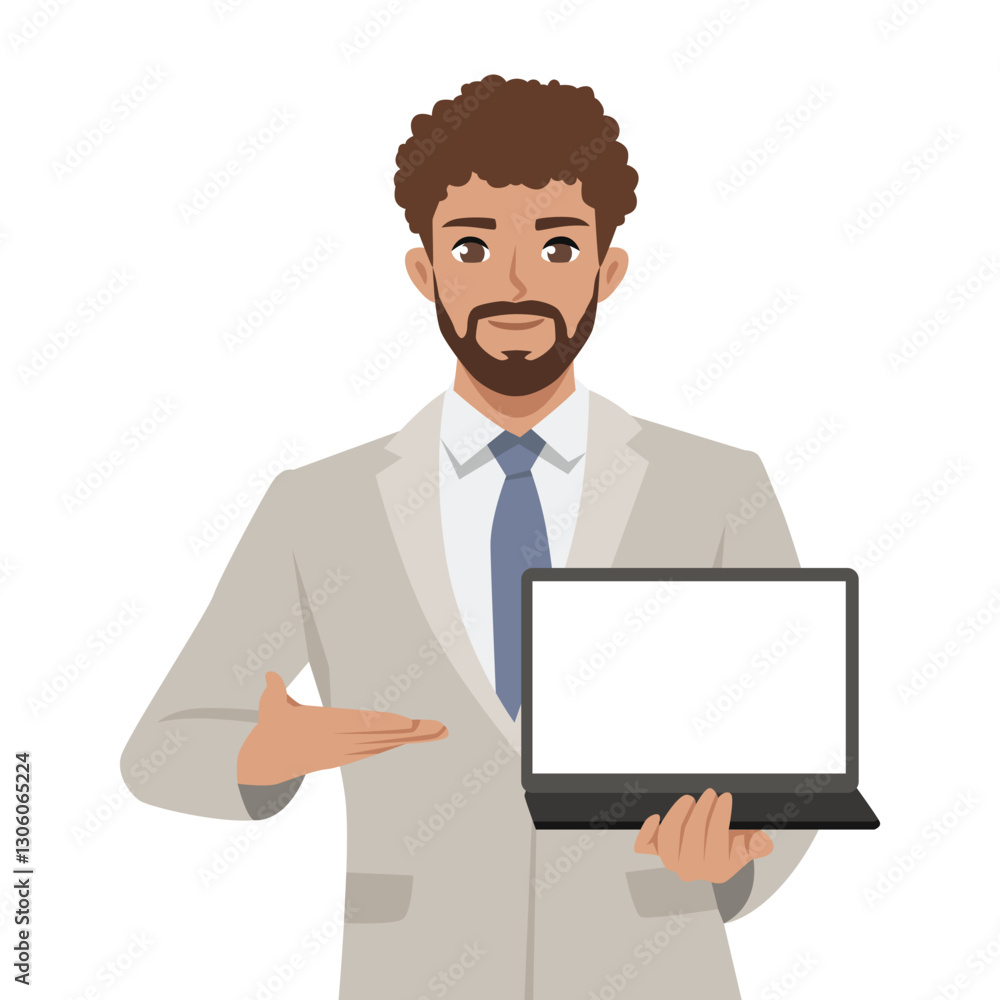 Professional businessman in a suit confidently presenting a laptop with a blank screen. Flat vector Character Illustration Professional businessman in a suit confidently presenting a laptop with a blank screen. Flat vector Character Illustration