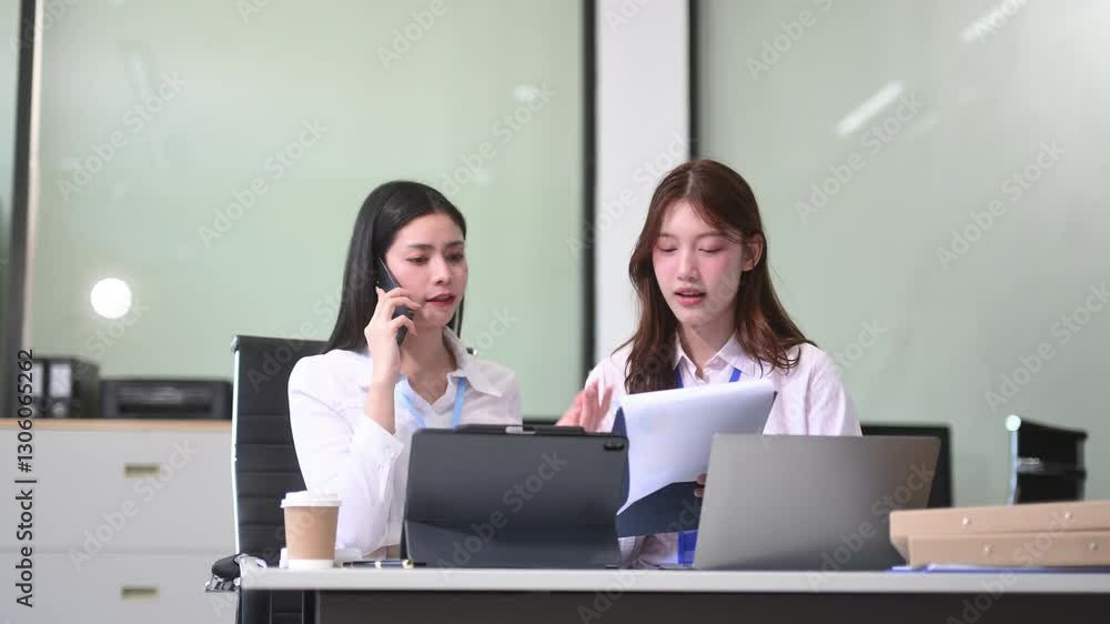 Female discussing new project with male colleague. Young woman talking Female discussing new project with male colleague. Young woman talking