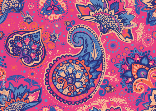 Seamless paisley pattern in Oriental style with floral and ethnic motifs for printed fabric, wallpaper, and packaging