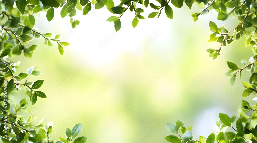 Green leaves form a frame around a bright and blurred backdrop Green leaves form a frame around a bright and blurred backdrop