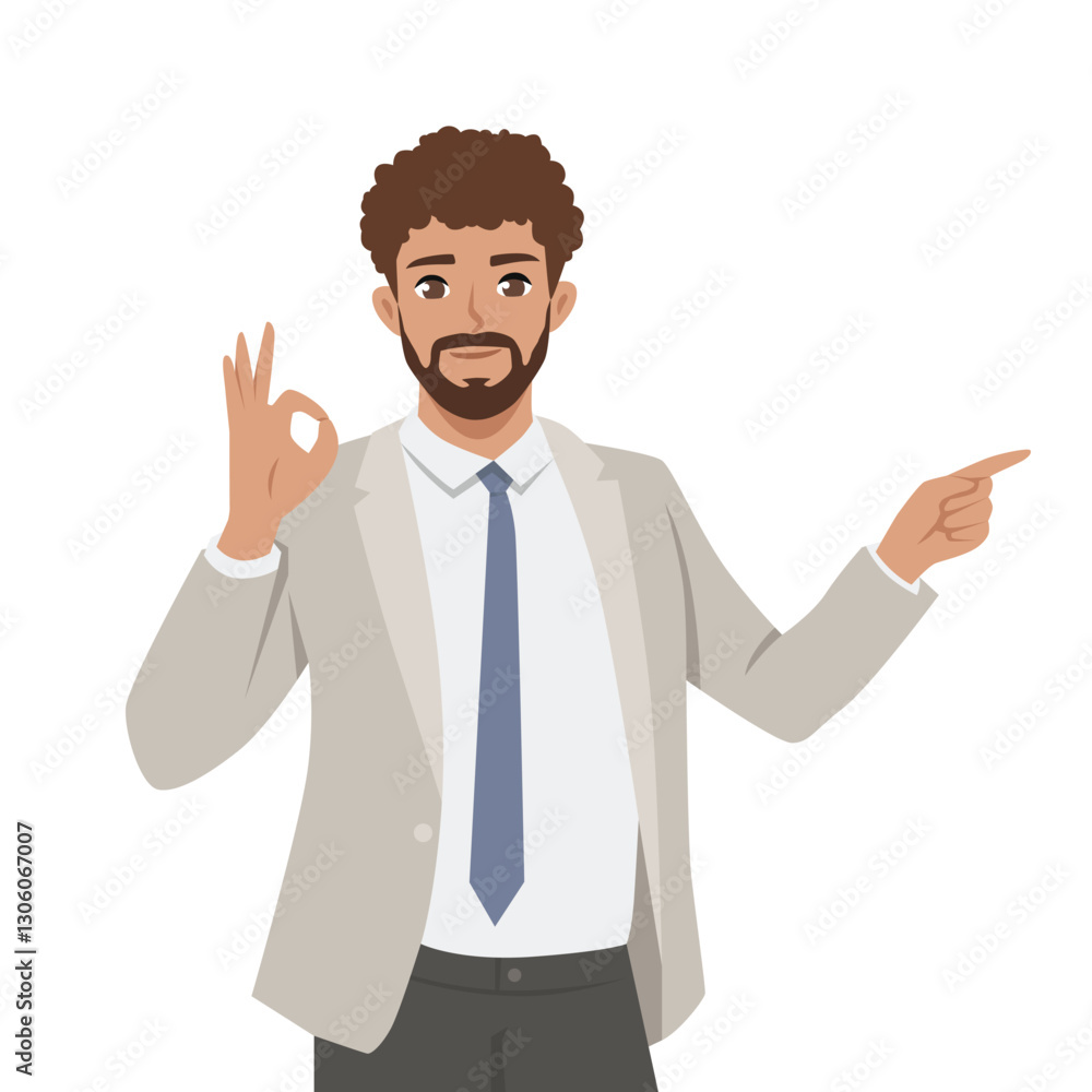Professional businessman confidently gestures with an OK sign while pointing forward. Flat vector Character Illustration Professional businessman confidently gestures with an OK sign while pointing forward. Flat vector Character Illustration