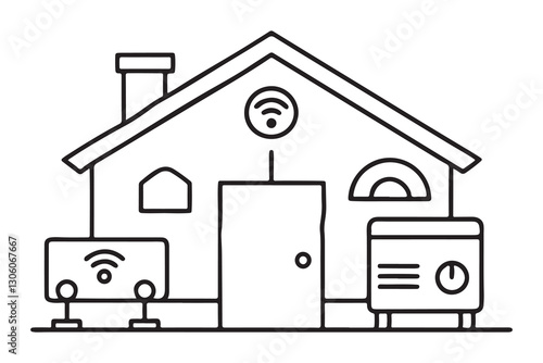 continuous one single black line art doodle drawing of IoT enabled home with smart appliances and AI-driven automation illustration