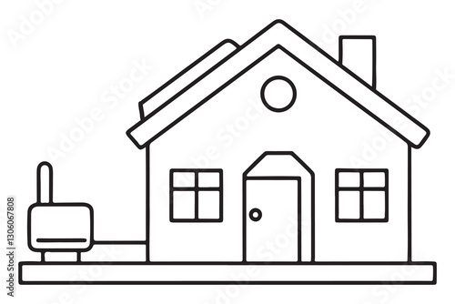 continuous one single black line art doodle drawing of IoT enabled home with smart appliances and AI-driven automation illustration