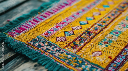 Vibrant Yellow Textile with Intricate Patterns and Fringed Edges