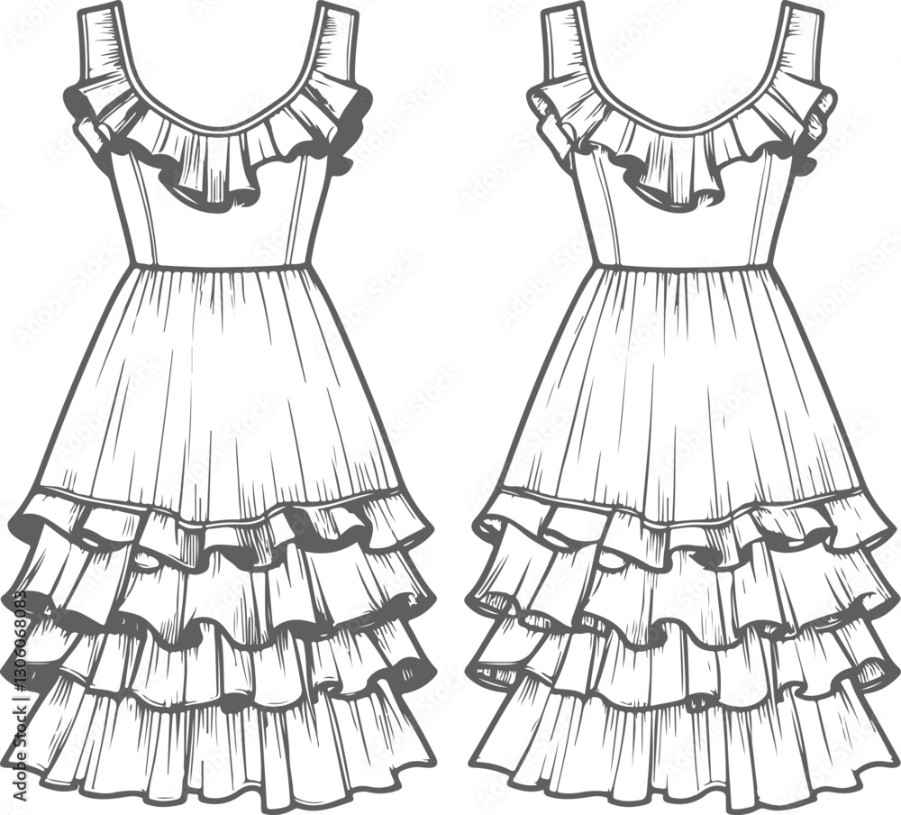 Fototapeta premium Ruffle Hem Dress sketch drawing template