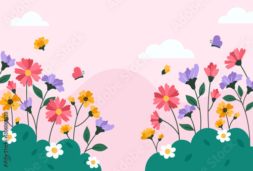 Flat floral spring landscape background