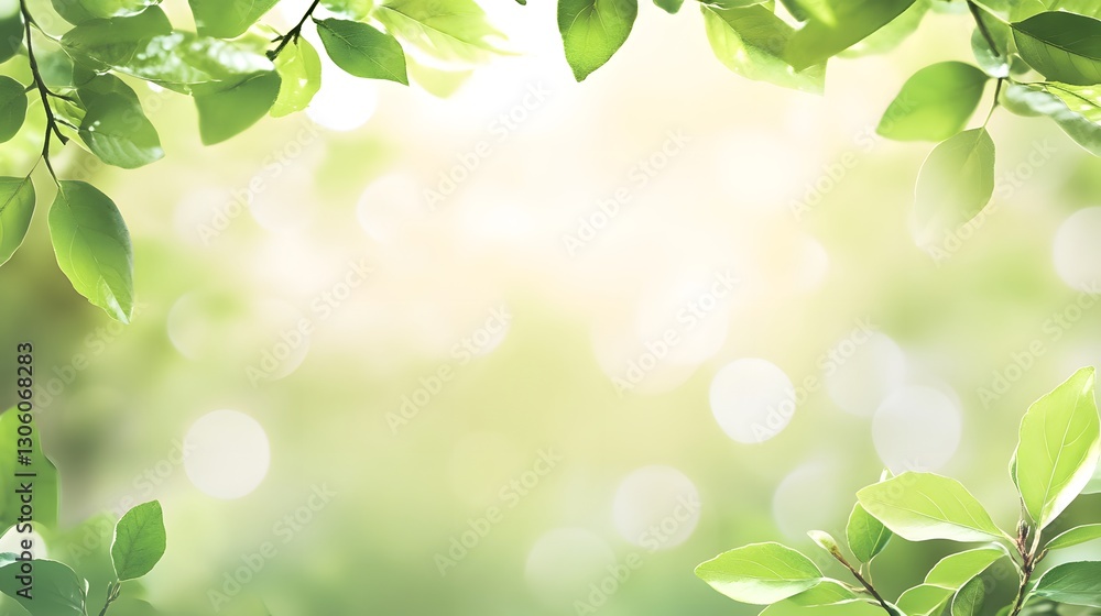 Fresh green leaves frame the bright glowing natural bokeh background