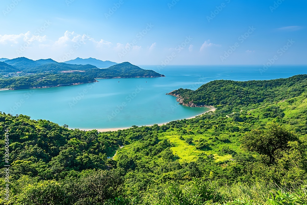 Obraz premium Coastal Bay View, Lush Landscape, Sunny Day