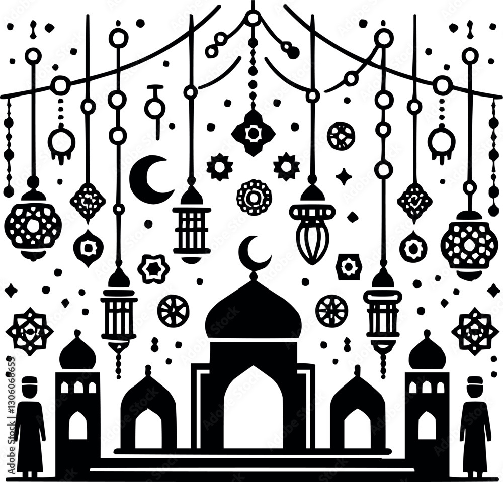 Ramadan Islamic Vector Illustration with Crescent Moon, Mosque, Food, and Festive Icons Ramadan Islamic Vector Illustration with Crescent Moon, Mosque, Food, and Festive Icons