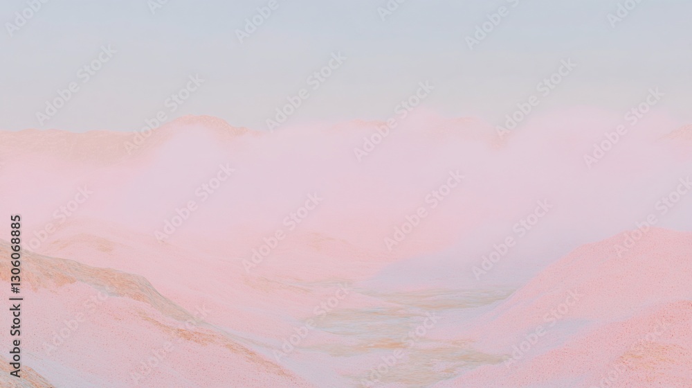 Fototapeta premium Pink sunrise, misty mountains, valley landscape, serenity