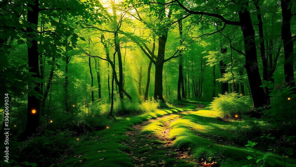 Obraz premium Magical Forest Pathway Illuminated by Sunlight and Fireflies