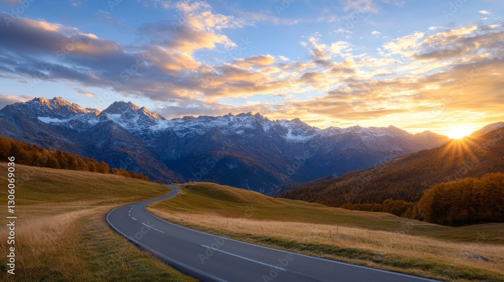 Fototapeta premium Winding Road through Autumnal Alpine Peaks at Sunset