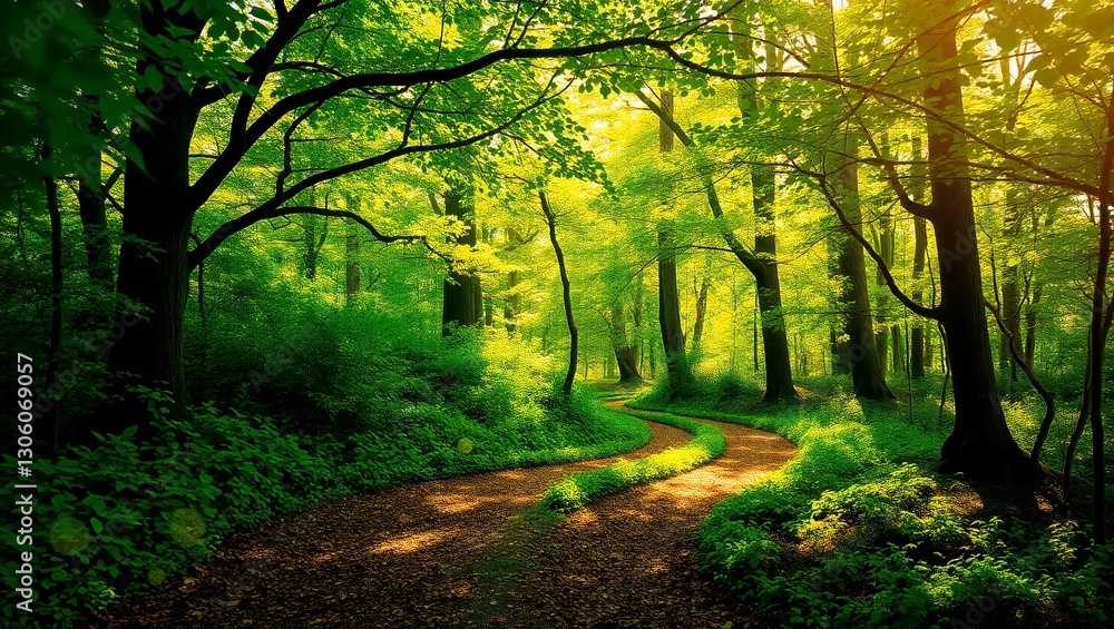 Magical Forest Pathway Illuminated by Sunlight and Fireflies Magical Forest Pathway Illuminated by Sunlight and Fireflies