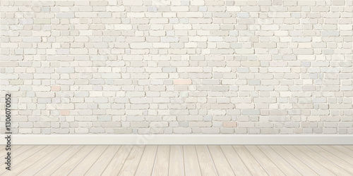 Empty room with old white brick block wall and whitewashed wooden floor fade condition graphic illustration have blank space.