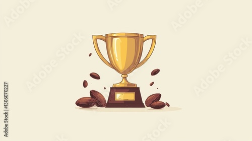 Golden Trophy with Coffee Beans on a Light Background