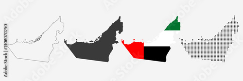 united arab emirates map in various style outline, grey, flag color, and dotted