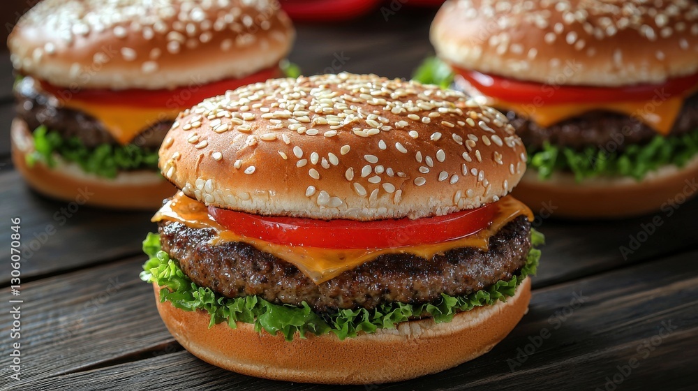 Juicy Beef Burger with Sesame Seed Bun and Fresh Ingredients Juicy Beef Burger with Sesame Seed Bun and Fresh Ingredients