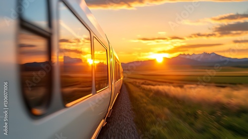 Train journey at sunset through scenic landscape with mountains and fields capturing nature's beauty