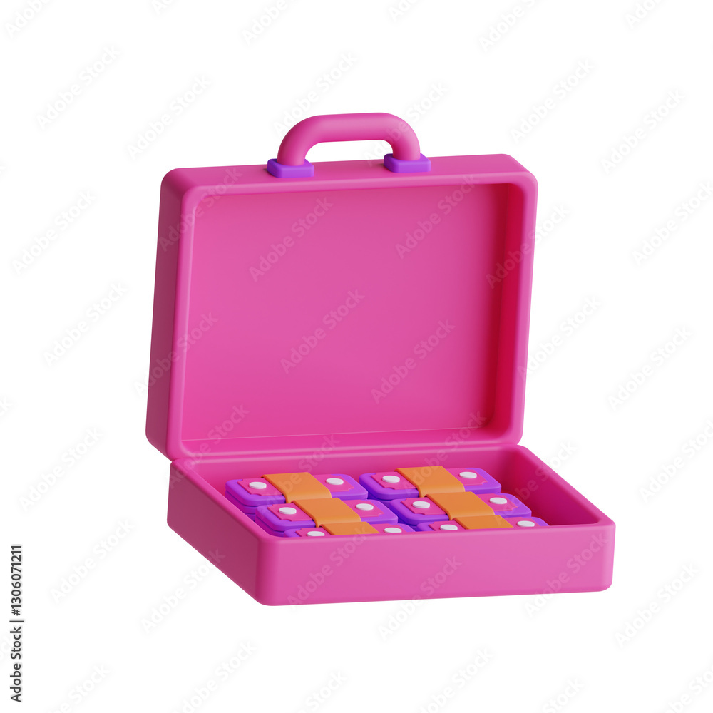 This image depicts an open pink briefcase filled with stacks of money, possibly representing wealth or finance. This image depicts an open pink briefcase filled with stacks of money, possibly representing wealth or finance.