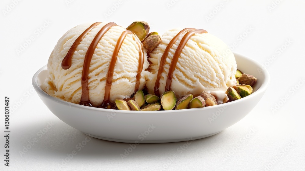 Delicious ice cream sundae with pistachios modern kitchen food photography bright setting Delicious ice cream sundae with pistachios modern kitchen food photography bright setting