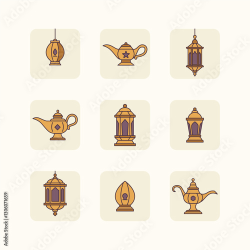 A collection of 9 traditional and modern lamps representing Middle Eastern aesthetics.
