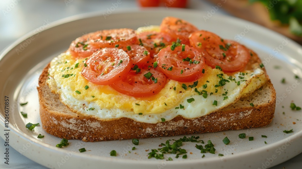 Delicious Egg Toast with Fresh Tomato Slices and Herbs Garnish Delicious Egg Toast with Fresh Tomato Slices and Herbs Garnish