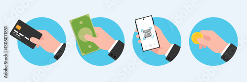 Set of hands payment in different option, Hand holding credit card or debit card smart phone golden coin and dollar banknotes for paying.
