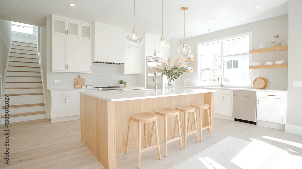 Fototapeta premium Modern kitchen design residential home interior photography bright space wide angle aesthetic appeal