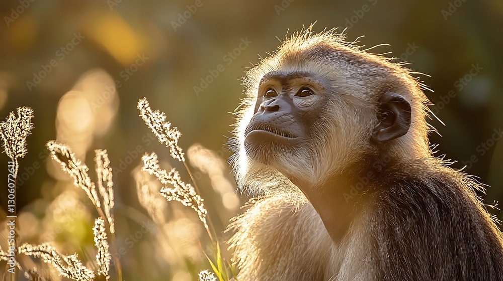 Fototapeta premium Captivating portrait of a thoughtful monkey basking in the golden hour light