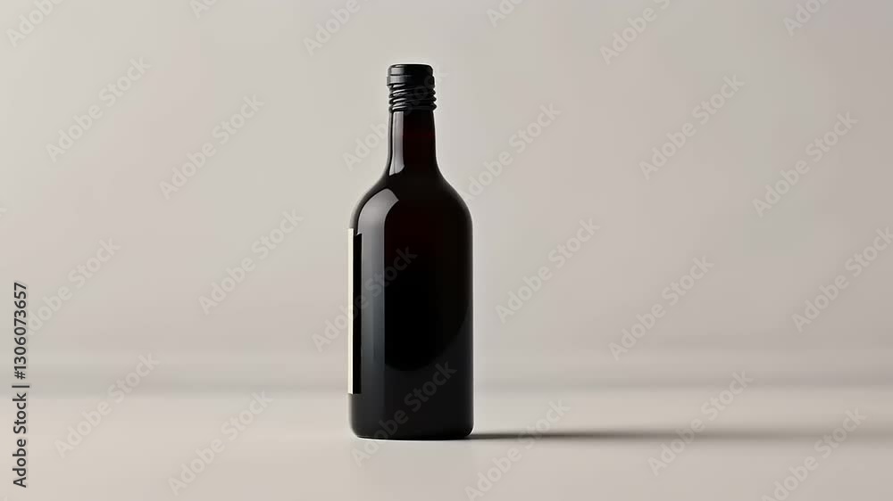 A dark glass bottle with a blank label, set against a neutral background. A dark glass bottle with a blank label, set against a neutral background.