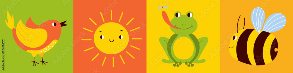 Cute cartoon cards with bird, sun, frog and bee. Childrens elements set, greeting card, invitations. Vector flat illustrations Cute cartoon cards with bird, sun, frog and bee. Childrens elements set, greeting card, invitations. Vector flat illustrations