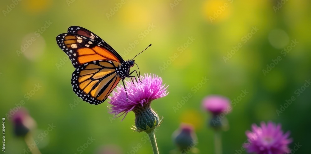 Obraz premium A monarch butterfly rests on a purple thistle, antenna delicately poised , wildflower, wildlife photography