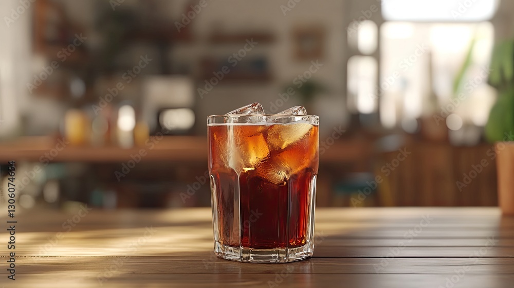 A fresh glass of cola with ice cubes, perfectly positioned for text placement on a soft, blurred background. A fresh glass of cola with ice cubes, perfectly positioned for text placement on a soft, blurred background.