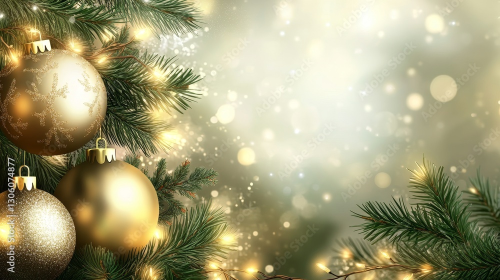 festive Christmas background with glowing lights pine branches and ornaments with space for text festive Christmas background with glowing lights pine branches and ornaments with space for text