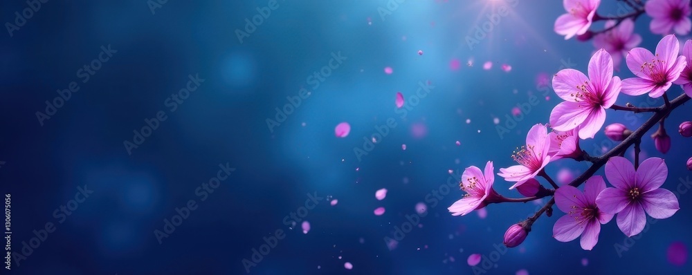 Obraz premium Deep blue gradient with scattered purple blossoms, subtle texture , photo, vibrant