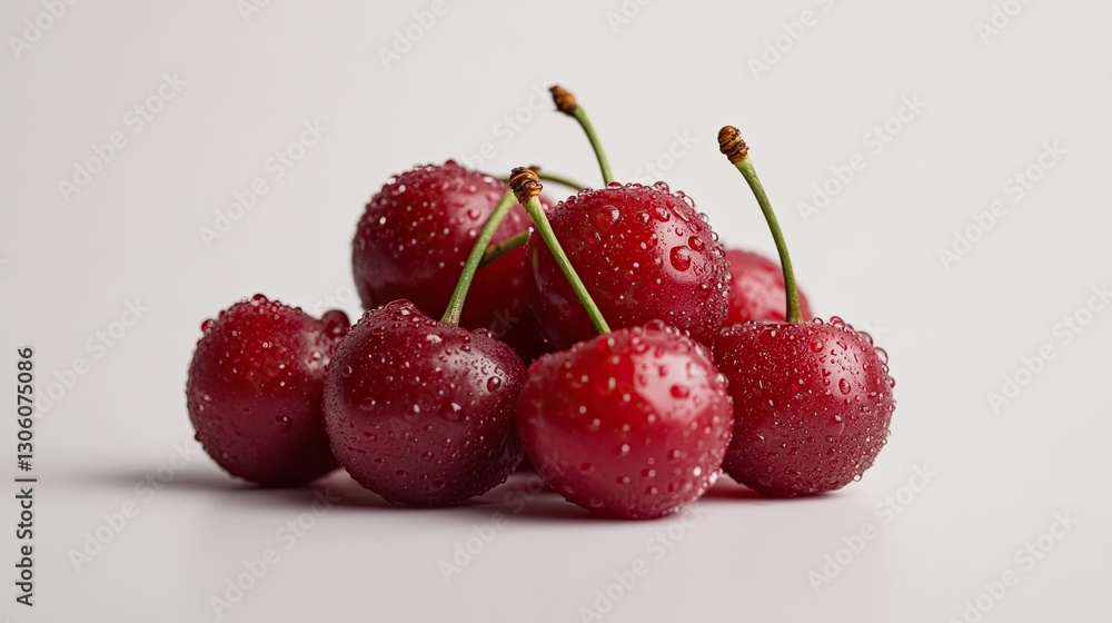 A juicy bunch of red cherries with droplets of water on the surface, arranged neatly on a clean white background. A juicy bunch of red cherries with droplets of water on the surface, arranged neatly on a clean white background.