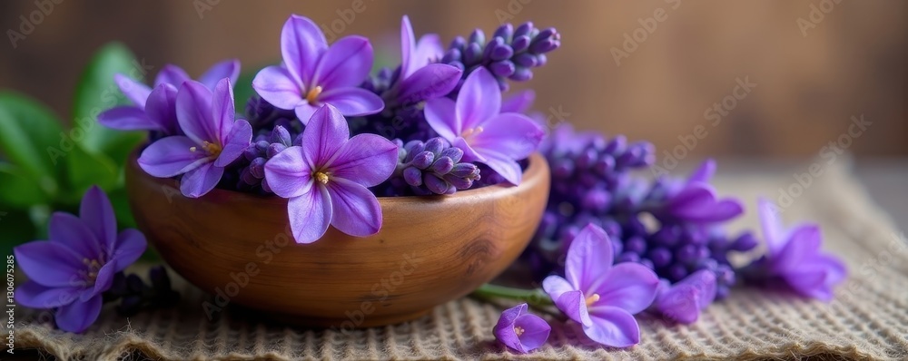 Deep purple lavender blossoms in a charming wooden bowl , still life, flowers Deep purple lavender blossoms in a charming wooden bowl , still life, flowers