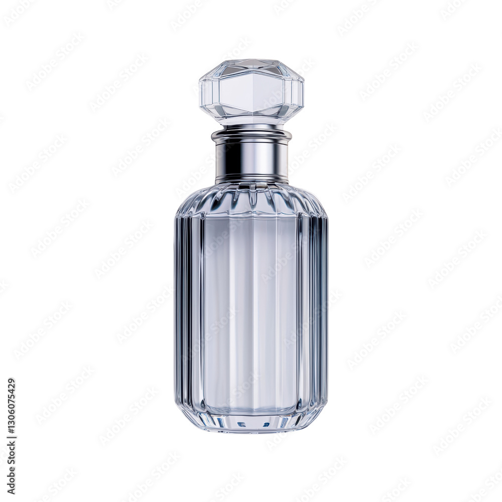 Elegant glass perfume bottle with a faceted cap, featuring vertical ridges and a classic design. isolated on white background. Elegant glass perfume bottle with a faceted cap, featuring vertical ridges and a classic design. isolated on white background.