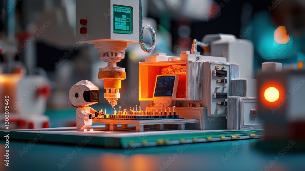 Fototapeta premium Intriguing Robot Sitting on a Wooden Table Exuding a Futuristic Vibe