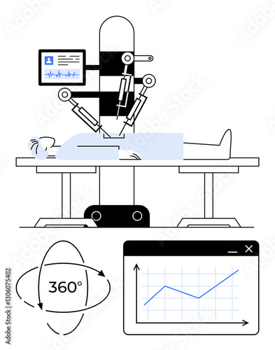 Robotic arm performing surgery while patient lies on table, data on monitor. Ideal for healthcare, technology, innovation, precision, medicine, robotics future. Flat simple metaphor